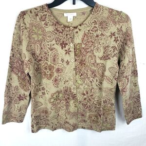 Garnett Hill Brown Floral Button-Up 3/4th Sleeve Cardigan Sz S